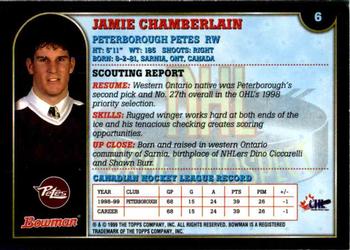 1999 Bowman CHL #6 Jamie Chamberlain Back