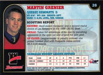 1999 Bowman CHL #26 Martin Grenier Back
