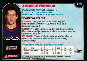 1999 Bowman CHL #115 Andrew Ference Back