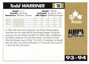 1993-94 Alberta Lotteries Canada's National Team #NNO Todd Warriner Back