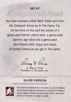 2013-14 In The Game StickWork - Stickrack Triple Silver #SRT-07 Patrick Lalime / Jaromir Jagr / Ron Francis Back