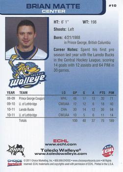 2011-12 Choice Toledo Walleye (ECHL) #10 Brian Matte Back