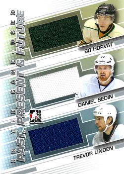 2013-14 In The Game Used - Past Present and Future Silver Version #PPF-08 Trevor Linden / Daniel Sedin / Bo Horvat Front
