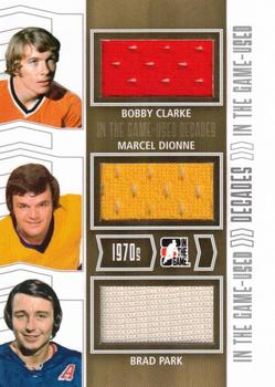 2013-14 In The Game Used - Decades Triple Jerseys Silver #D-20 Bobby Clarke / Marcel Dionne / Brad Park Front