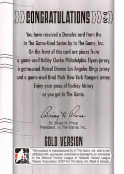 2013-14 In The Game Used - Decades Triple Jerseys Gold #D-20 Bobby Clarke / Marcel Dionne / Brad Park Back