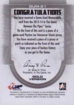 2013-14 In The Game Between the Pipes - Game-Used Jersey Gold #GUM-21 Payton Lee Back