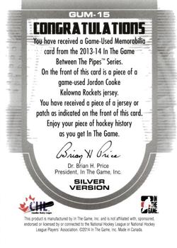 2013-14 In The Game Between the Pipes - Game-Used Jersey Silver #GUM-15 Jordon Cooke Back
