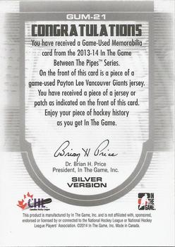 2013-14 In The Game Between the Pipes - Game-Used Jersey Silver #GUM-21 Payton Lee Back
