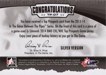 2013-14 In The Game Between the Pipes - Top Prospects Jerseys Silver #TP-07 Ty Edmonds Back