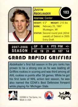 2008-09 In The Game Heroes and Prospects #103 Justin Abdelkader Back