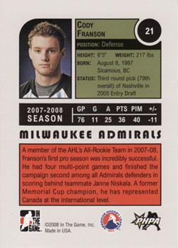 2008-09 In The Game Heroes and Prospects #21 Cody Franson Back
