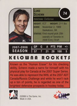 2008-09 In The Game Heroes and Prospects #74 Luke Schenn Back