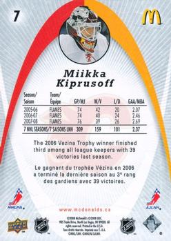 2008-09 Upper Deck McDonald's #7 Miikka Kiprusoff Back