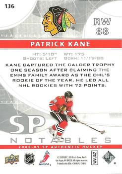 2008-09 SP Authentic #136 Patrick Kane Back