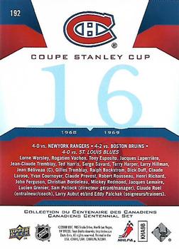 Jean Beliveau Stanley Cup Jean Beliveau Hockey Card 2008-09 Upper Deck Montreal Canadiens Centennial #189 Stanley Cup