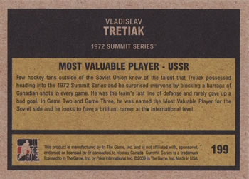 2009-10 In The Game 1972 The Year In Hockey #199 Vladislav Tretiak Back