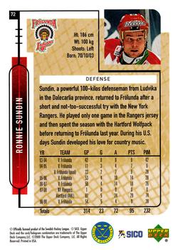 1999-00 Upper Deck Swedish Hockey League #72 Ronnie Sundin Back