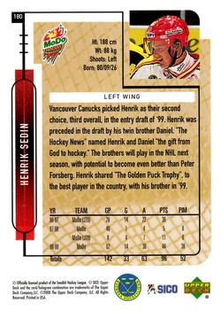 1999-00 Upper Deck Swedish Hockey League #180 Henrik Sedin Back