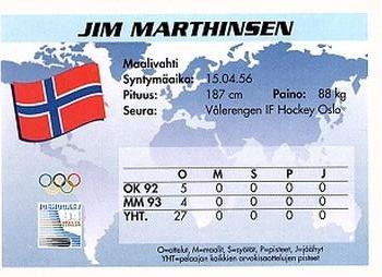 1994 Semic Jääkiekkokortit Keräilysarja (Finnish) #251 Jim Marthinsen Back
