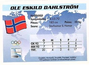 1994 Semic Jääkiekkokortit Keräilysarja (Finnish) #259 Ole Eskild Dahlstrom Back