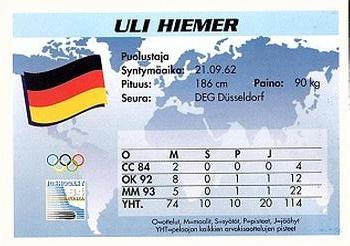 1994 Semic Jääkiekkokortit Keräilysarja (Finnish) #277 Uli Hiemer Back