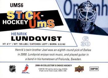 2008-09 Collector's Choice - Stick-Ums #UMS6 Henrik Lundqvist Back