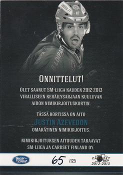 2012-13 Cardset Finland - Signature #NNO Justin Azevedo Back