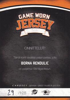2013-14 Cardset Finland - Game Worn Jersey Series 1 Exchange #NNO Borna Rendulic Back