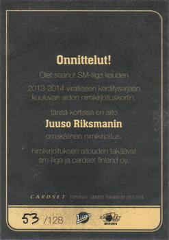 2013-14 Cardset Finland - Signature #NNO Juuso Riksman Back