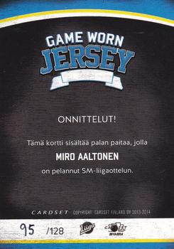 2013-14 Cardset Finland - Game Worn Jersey Series 2 Exchange #NNO Miro Aaltonen Back