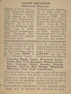 1933-34 Canadian Gum (V252) #NNO Glenn Brydson Back