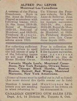 1933-34 Canadian Gum (V252) #NNO Alfred (Pit) Lepine Back