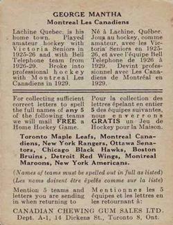 1933-34 Canadian Gum (V252) #NNO Georges Mantha Back