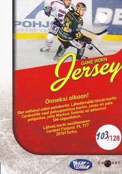 2009-10 Cardset Finland - Game Worn Jersey Redemptions #NNO Markus Seikola Back