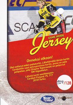 2009-10 Cardset Finland - Game Worn Jersey Redemptions #NNO Shayne Toporowski Back