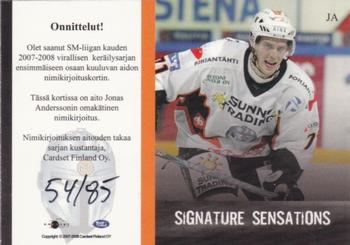 2007-08 Cardset Finland - Signature Sensations #JA Jonas Andersson Back