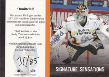 2007-08 Cardset Finland - Signature Sensations #AC Andy Chiodo Back