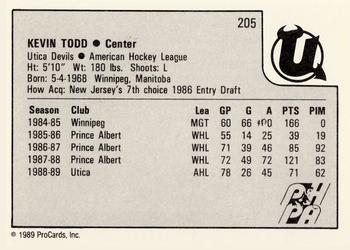 1989-90 ProCards AHL #205 Kevin Todd Back