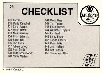 1989-90 ProCards AHL #129 Cape Breton Checklist Back