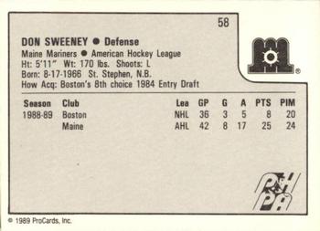 1989-90 ProCards AHL #58 Don Sweeney Back