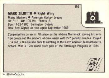1989-90 ProCards AHL #64 Mark Ziliotto Back