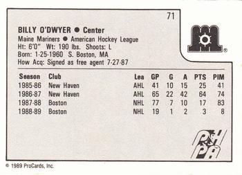 1989-90 ProCards AHL #71 Billy O'Dwyer Back
