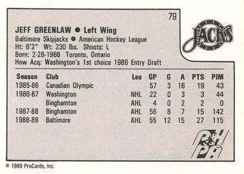 1989-90 ProCards AHL #79 Jeff Greenlaw Back