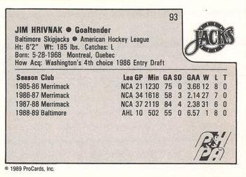 1989-90 ProCards AHL #93 Jim Hrivnak Back