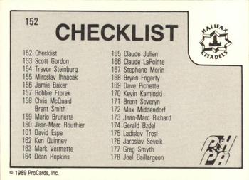 1989-90 ProCards AHL #152 Halifax Checklist Back