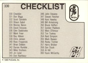 1989-90 ProCards AHL #330 Hershey Checklist Back
