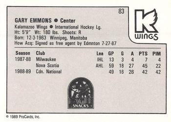 1989-90 ProCards IHL #83 Gary Emmons Back