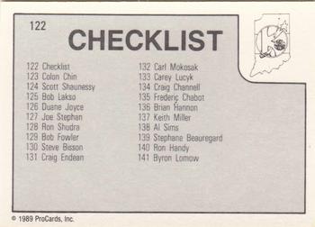 1989-90 ProCards IHL #122 Fort Wayne Komets Checklist Back
