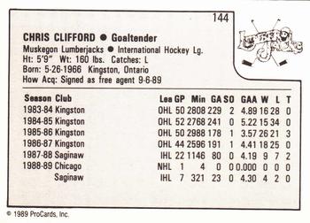 1989-90 ProCards IHL #144 Chris Clifford Back