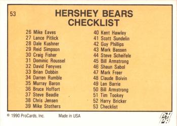 1990-91 ProCards AHL/IHL #53 Hershey Bears Back